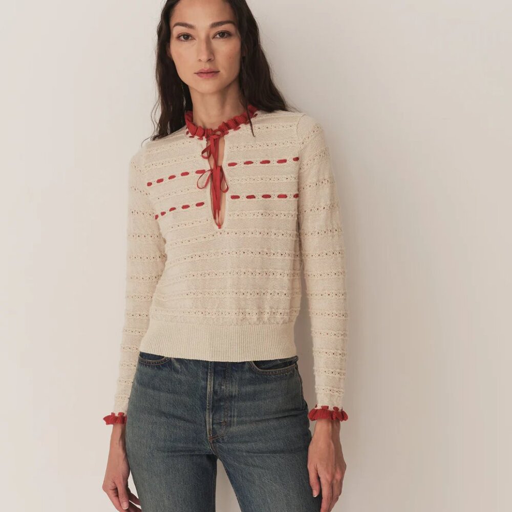 Doen Cream Open-Knit Scoop Sweater with Red Trim